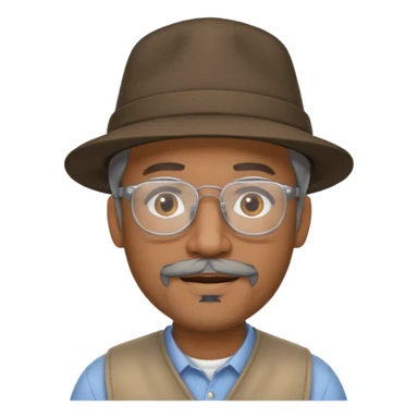Brown man slightly smiling showing with hat, clear glasses and a gray goatee sticker