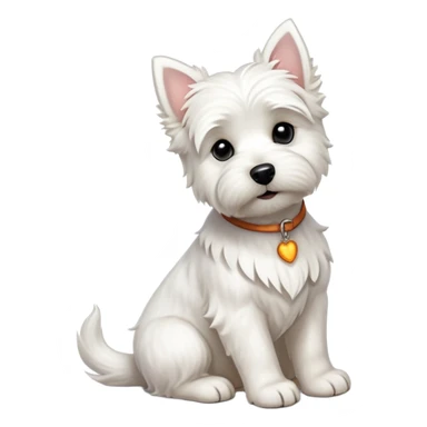 cinematic-[west highland white terrier]-realistic-full-body-sitting-emoji,-tail-resting-loosely-beside-its-paws,-head-tilted-dramatically, dooped ears -wavy-[white-fur,-simplified-yet-realistic-focused-features,-highly-detailed,-glowing-with-an-almost-sarcastic-glow sticker