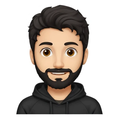 young fair skin pakistani guy smiling with black beard, wavy hair pushed back and brown eyes and big eyebrows, thin eyes , wearing black hoodie sticker