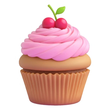 cupcake with pink icing with a cherry on top, light brown cupcake base, 3D emoji style sticker