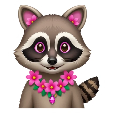 A playful raccoon wearing a neon-pink flower necklace, looking festive. sticker