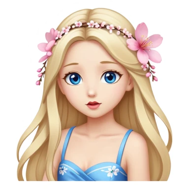 Girl with long blond hair and sakura accessories on her hair with a long tailed dress on the floor and have blue eyes beautiful finish and she sending lovely kisses  sticker
