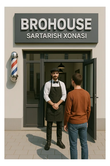 eni shu rasimga boyagi sartaosh oka eshik oldida tursin va tashqarida esa mijoz sticker