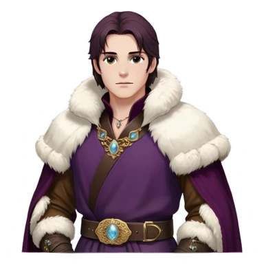 Medieval winter outfit worn by a DnD themed fantasy male character. Thick deep plum wool tunic with ermine fur trim at collar and sleeves, fastened with intricate gold-plated clasps and a heavy tooled leather belt. Clothes only above the waist, full waist coverage. The character has no arms. Character is white-skinned with dark auburn hair, misty gray eyes, and shoulder-length hair with crystalline frost at the tips. sticker
