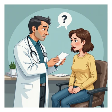 realistic illustration of a doctor in a white coat prescribing medicine to a patient showing discomfort, the doctor appears cold or hurried, clinical background, atmosphere suggesting symptom masking sticker