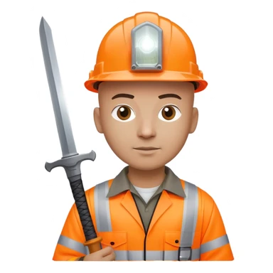 Bald Telecoms engineer in orange hi vis with white hard hat (with headlamp) and sword sticker