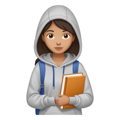 A flat-style illustration of a woman college student with a tote bag over the shoulder and a book in one hand. The student wears a hoodie. Clean cartoon style, white background, iOS emoji aesthetic. sticker