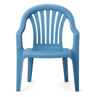 blue molded plastic lawn chair, arched top roll, five vertical back slats, viewed from the front, clean and minimal sticker