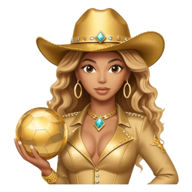 Beyonce with a gold outfit and gold cowboy hat hold the Vegas sphere sticker