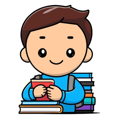 Student studying with books and coffee sticker