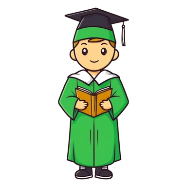 High school graduate in a green gown and hat sticker