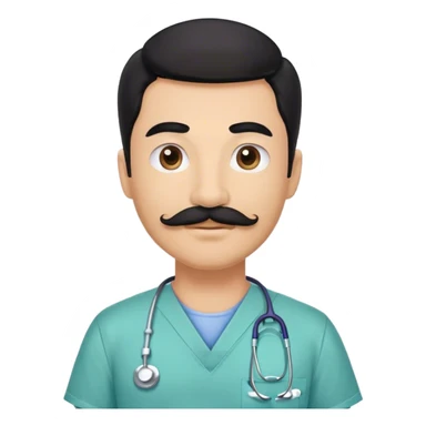Male dentist wearing scrubs with black hair and a mustache sticker