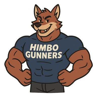 muscular furry character wearing a t-shirt that says 'Himbo Gunners', flat toon style sticker