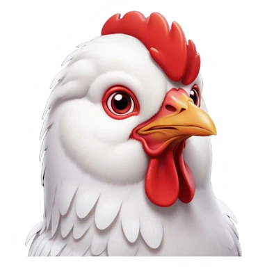 Cinematic Cute White Chicken Portrait Emoji, Head tilted playfully and inquisitively, featuring smooth, immaculate white feathers and a delicate red comb, round, sparkling beady eyes filled with curiosity, Simplified yet irresistibly adorable features, highly detailed, glowing with a warm, friendly glow, high shine, affectionate and lively, stylized with a touch of farmyard whimsy, bright and endearing, soft glowing outline, capturing the essence of a mischievous yet loving chicken, so playful it feels like it could peck out of the screen and into your arms! sticker