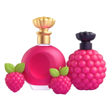 AVON women's perfume bottle next to a raspberry-shaped bottle sticker