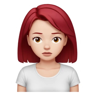 younger woman shrugging, eyes closed, white t-shirt, dark red hair sticker