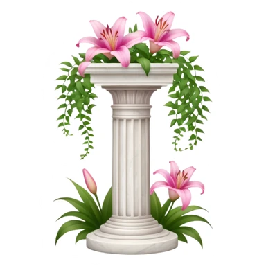White tall marble pedestal with vines growing on it and pink lilies, beautiful romantic scenery  sticker