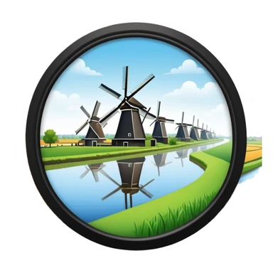 cinematic-realistic-kinderdijk-windmills-landmark-emoji,-showcasing-traditional-dutch-windmills-aligned-along-a-tranquil-canal,-with-lush-green-fields in a picture frame sticker