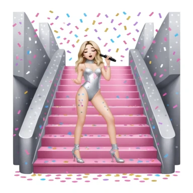 Sabrina carpenter singing at a concert wearing a silver bodysuit with kiss marks all over it  pink sparkle heels.  stage setting is very lit up with white stairs and confetti  sticker