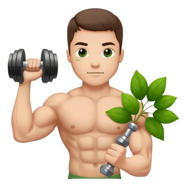 strong biceps flexing while holding a dumbbell, five green leaves arranged on the left side sticker