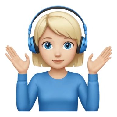 girl with blonde and middle short hair and blue eys with heands telling what, having heaphones on head,  sticker