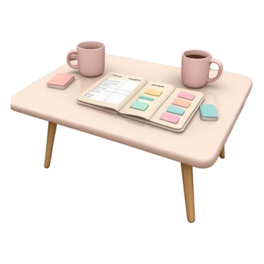 Coffee table with pastel pink study flashcards, beige ceramic mug beside sticker