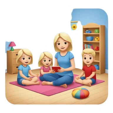 create a flat illustration of a children's room where the mother is sitting on the floor and two children are playing nearby sticker