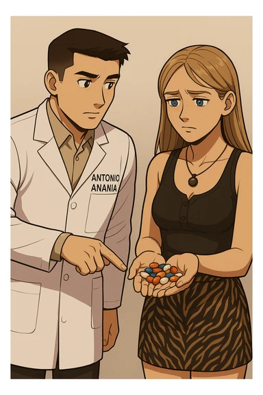 fai un webtoon/manga a colori con questo kinesiologo in camice bianco (fagli la scritta "ANTONIO ANANIA" SUL CAMICE) CHE PARLA CON QUESTA RAGAZZA CON GLI OCCHI AZZURRI. LA RAGAZZA HA UN PUGNO DI INTEGRATORI IN MANO (TANTE PILLOLE DIVERSE) E LE GUARDA DUBBIOSA. IL KINESIOLOGO CON IL CAMICE BIANCO LE TOCCA LA PANCIA CON UN DITO. NON FARE I FUMETTI, FAI SOLO LORO COME SE DIALOGASSERO sticker