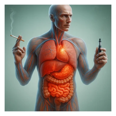 Create a medical illustration in hyperrealistic 4K, exactly matching the style of the provided reference image. Depict a realistic anatomical human body with inflamed liver and intestine highlighted. The figure is holding a lit normal cigarette in the right hand and an electronic cigarette in the left hand. Use a clear background, extremely detailed, with the same lighting and style as the reference. sticker