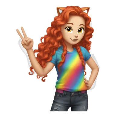 a white girl with long red curly hair in a pony tail with rainbow shirt does peace sign wearing cat ears one black other white sticker