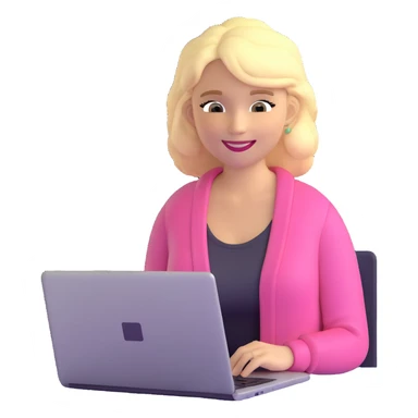 blonde woman in a pink cardigan smiling and typing on a laptop sticker