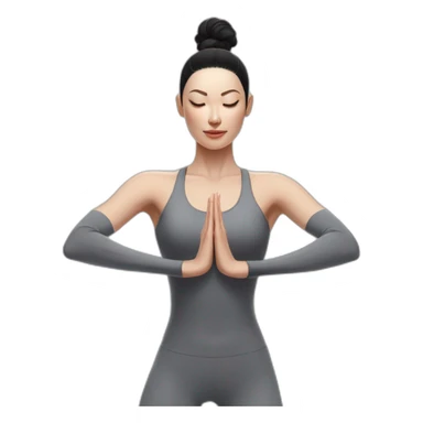 Pale skinned fit woman In a gray tight yoga suit and wristbands With black hair in a bun performs an asana sticker