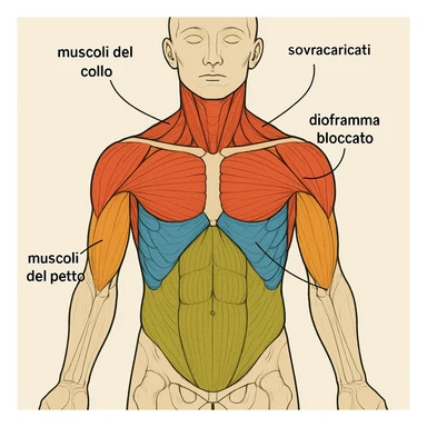 vista anteriore del busto umano con diaframma bloccato, muscoli del collo e scapole sovraccaricati, colori diversi per ogni area, didascalia in italiano sticker