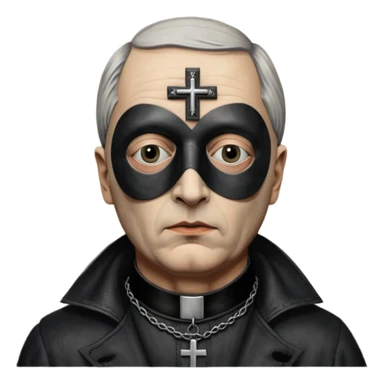 cinematic ultra HD portrait of Joel-Peter Witkin,  he wears a small black mask, a small crucifix is ​​sewn onto the black mask between the eyes of the portrait, he wears a worn leather coat sticker