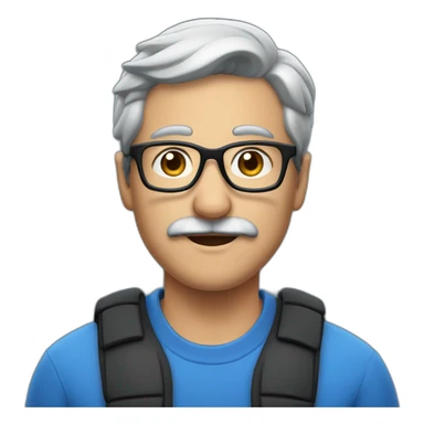 Man with mustache, blue baseball-cap, grey hair, black framed glasses sticker