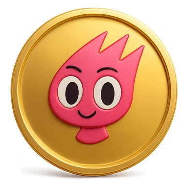 Create a simple flat gold coin with a thin rim and transparent background, no shadows. The coin features only the mascot's head from the provided image, centered and in pink color. No neck or extra details, just the head. sticker