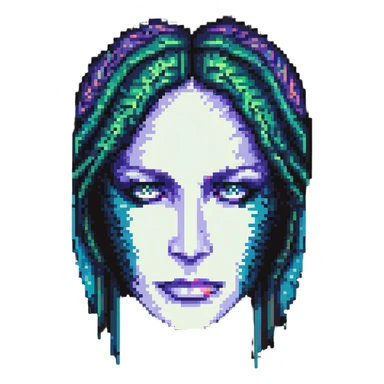 pixelated face with glitchy lines and color shifts sticker