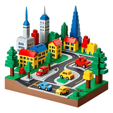 A photorealistic icon featuring a cityscape built from colorful LEGO bricks, with LEGO buildings, roads, cars, and trees. The design highlights the intricate details of the LEGO structures, capturing the creativity and fun of building with LEGO. Transparent background. sticker