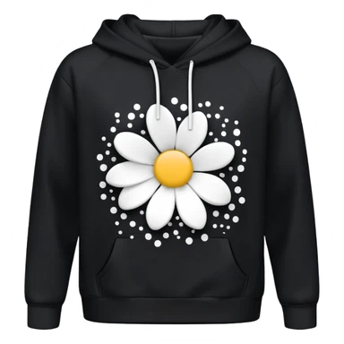 The BLACK Hoodie has a solid black base, accented with distinctive white open flower spots. Each flower has an empty space in the center, creating a hollow, ring-like appearance. These patterns are scattered across the hoodie for a bold and unique design. sticker