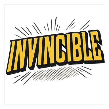 the word 'Invincible' in a dynamic, action-packed comic book style, yellow letters with black outline, no background sticker