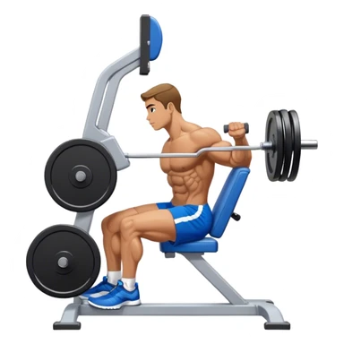 side-view bodybuilder in blue shorts seated weighted calf-raise machine lower leg exercise sticker