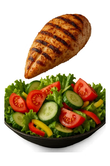 INSALATA CON PETTO DI POLLO GRIGLIATO CHE CADE DALL'ALTO, IPERREALISTICO 4K sticker