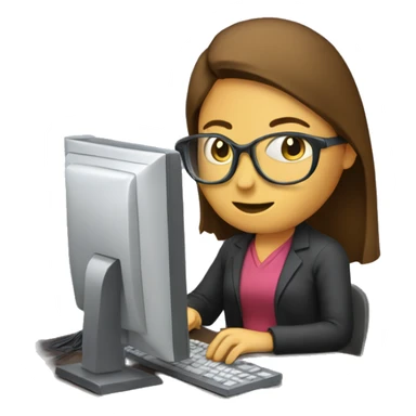 a woman working on a computer with grlases and dark long ha sticker
