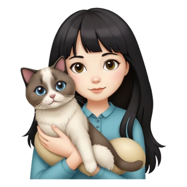 A black-haired girl with straight bangs holding a seal bicolor Ragdoll cat sticker
