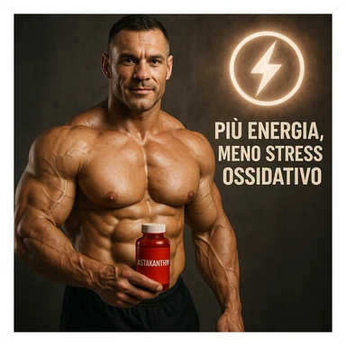 hyper realistic bodybuilder with astaxanthin and energy symbol, well visible muscles, red bottle, text 'Più energia, meno stress ossidativo', motivational atmosphere, realistic details sticker