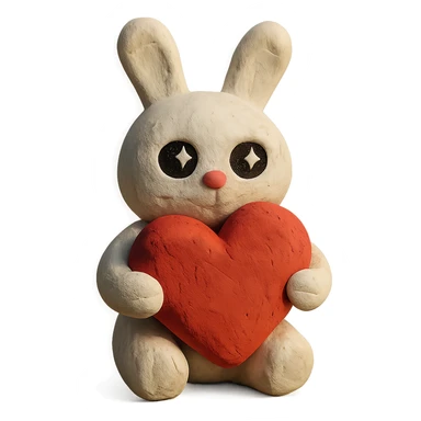 white bunny holding a big heart with sparkling eyes, claymation style sticker
