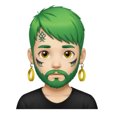 boy with bangs and green hair and yellow small hairtie on side and earrings and very heavy face tattoos and beard sticker