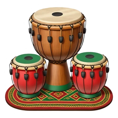 A traditional Pashto tabla (dobrai) placed on a woven mat, with cultural Pashtun patterns in the background. The tabla is wooden with leather drumheads, and vibrant traditional colors like red, green, and gold. Ethnic, folk music theme. sticker
