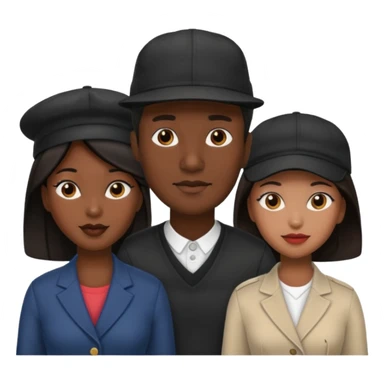 Black man with fitted hat on  with two women one black one Chinese  sticker