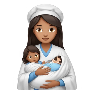 Female nurse with long dark hair with medium brown skin and brown eyes holding one new born  sticker
